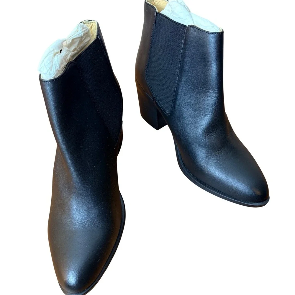 Nisolo Black Leather Heeled Chelsea Boots Pointed Toe Block Heel Size 8.5